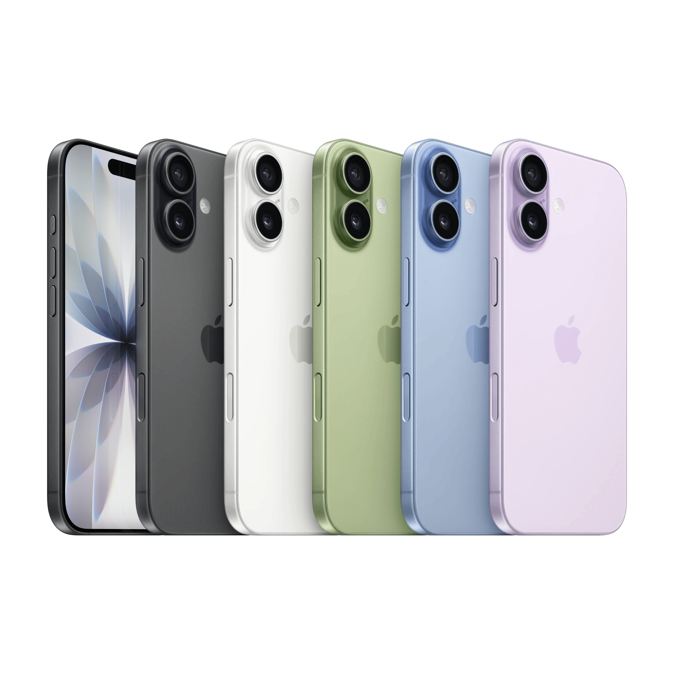 En række iPhone 17-modeller vist forfra og bagfra i sort, hvid, grøn, blå og lyse­lilla med dobbelte kameraer og Apple-logoer på bagsiden.