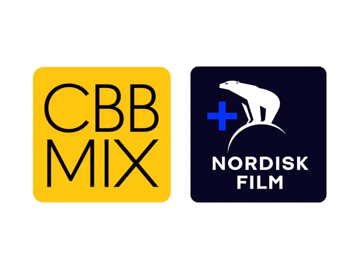 Billedet viser de to logoer for CBB MIX og Nordisk Film Plus på en hvid baggrund, som visuelt repræsenterer samarbejdet mellem de to mærker.