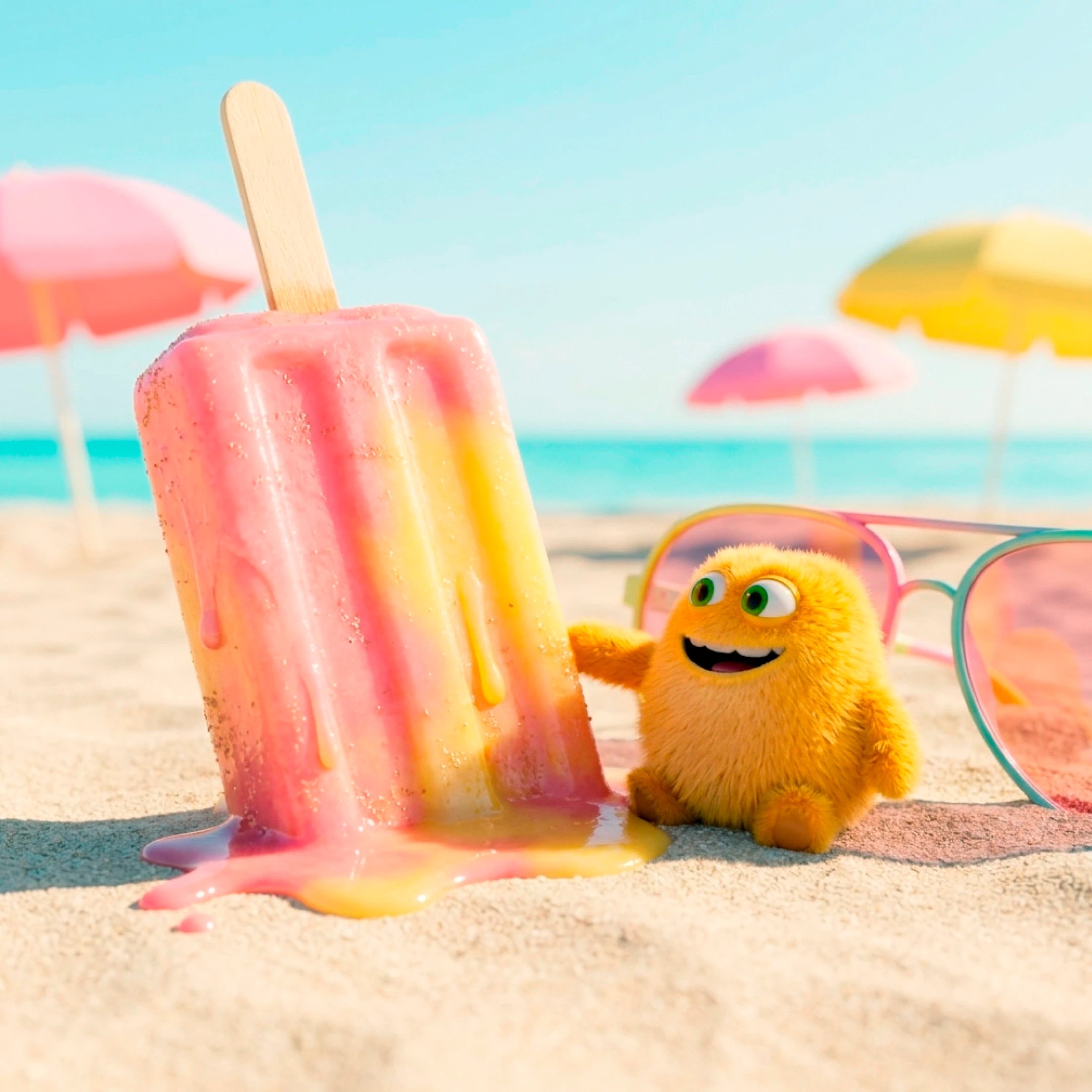 Farverig strandscene med en stor pink og gul ispind, solbriller og en glad gul figur på sandet ved en swimmingpool.