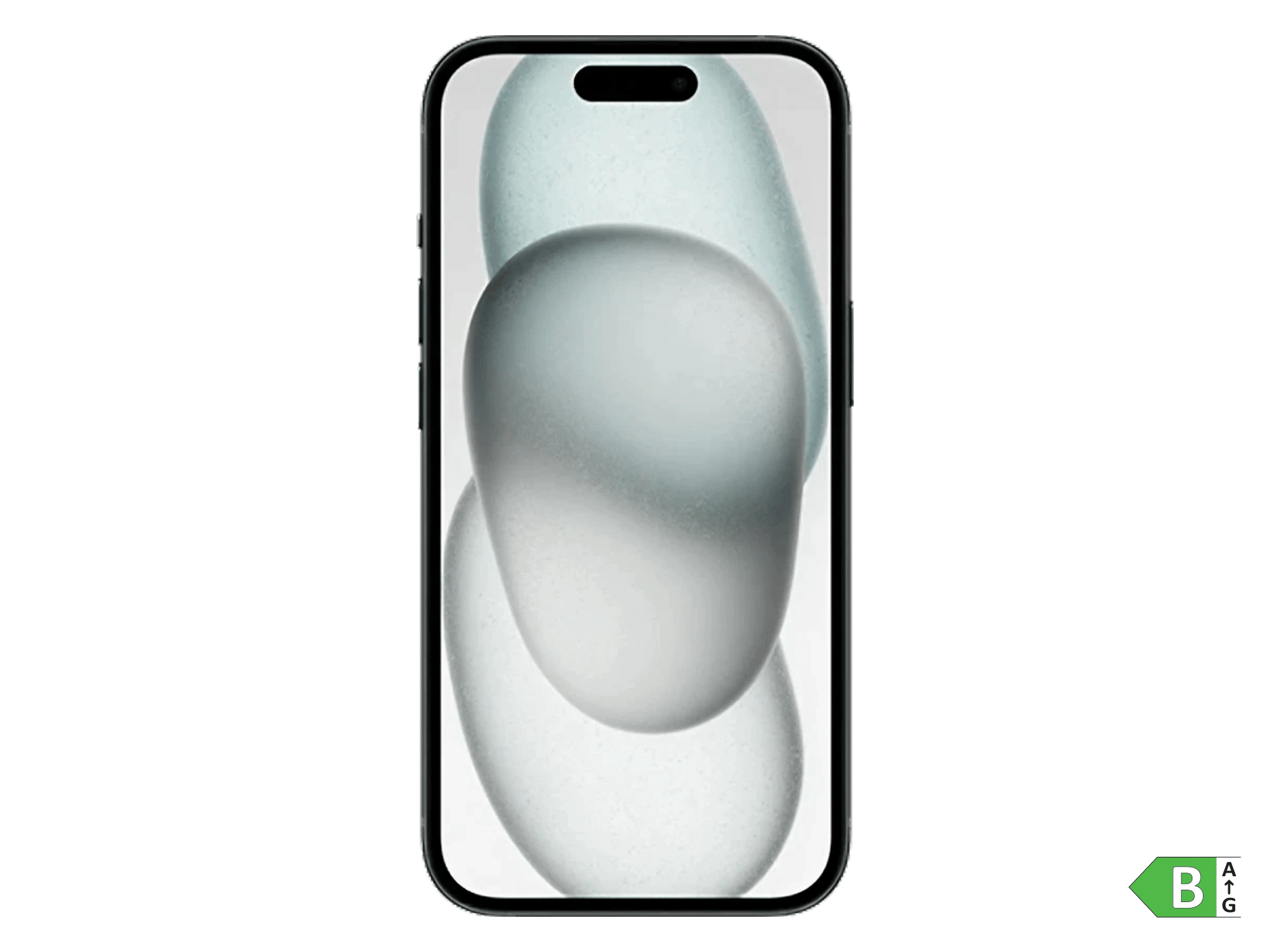 iPhone 15 mobil med lys skærm og abstrakte, bløde former i grå og hvid.