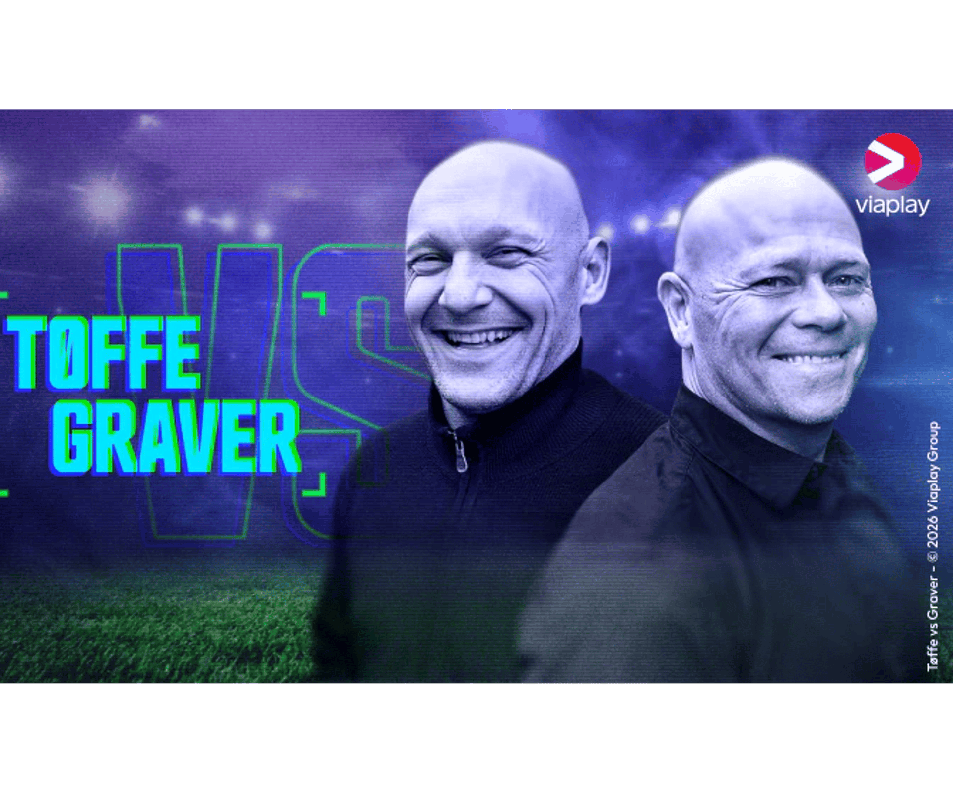 To smilende, skaldede mænd foran en blå-violet baggrund med teksten Toffe Graver og Viaplay-logo.