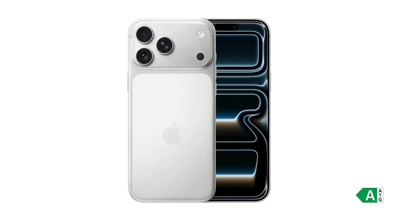 iPhone 17 Pro Max i sølv set forfra og bagfra med sort skærm og tydeligt kameramodul.