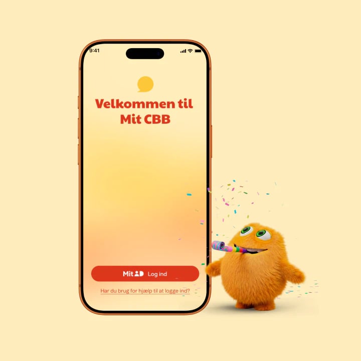 Mobilskærm med teksten "Velkommen til Mit CBB" og en orange figur med konfettirør ved siden af.