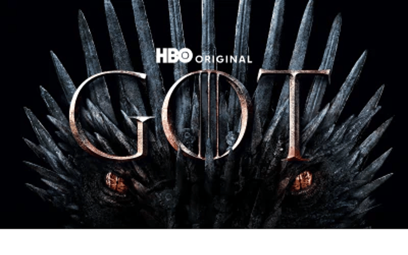 Mørkt Game of Thrones HBO Original-banner med serienavn i centrum og jernagtig baggrund.