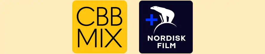 Logoerne for CBB MIX og Nordisk Film Plus på gul baggrund, der viser samarbejde om underholdning.