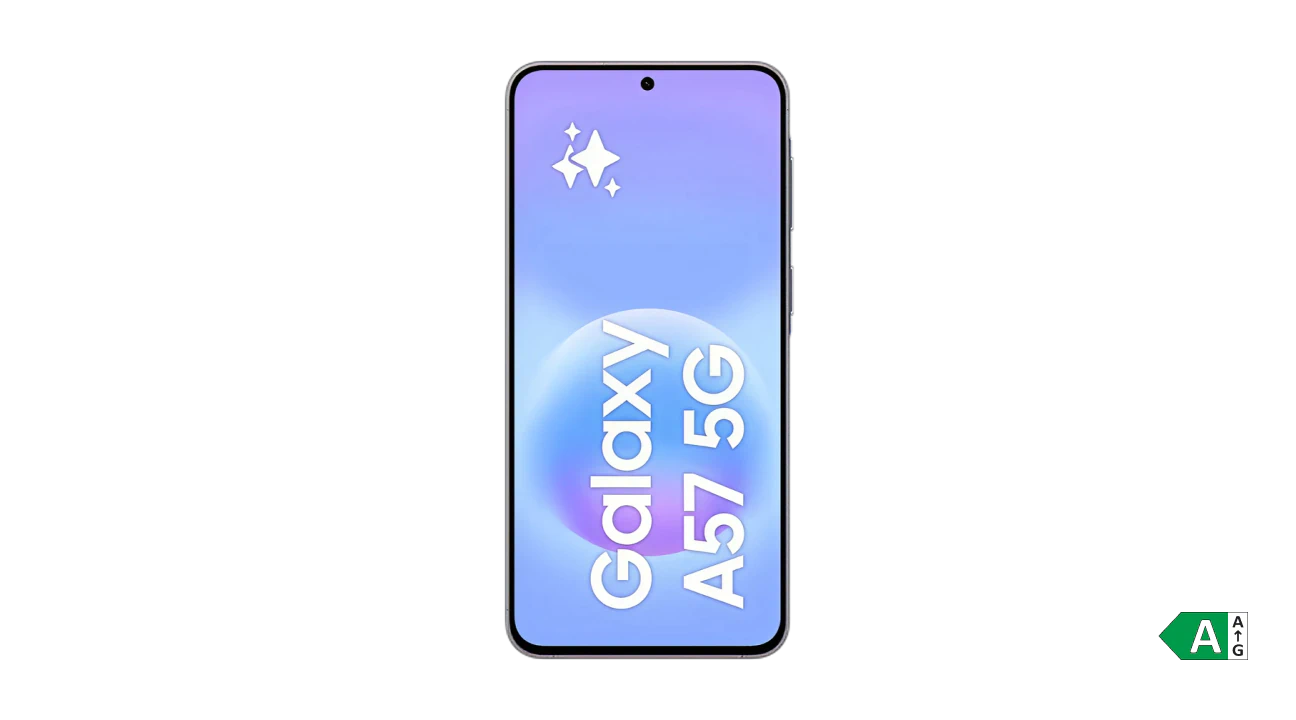 Samsung Galaxy A57 5G-smartphone med lilla og blå skærm på sort baggrund.