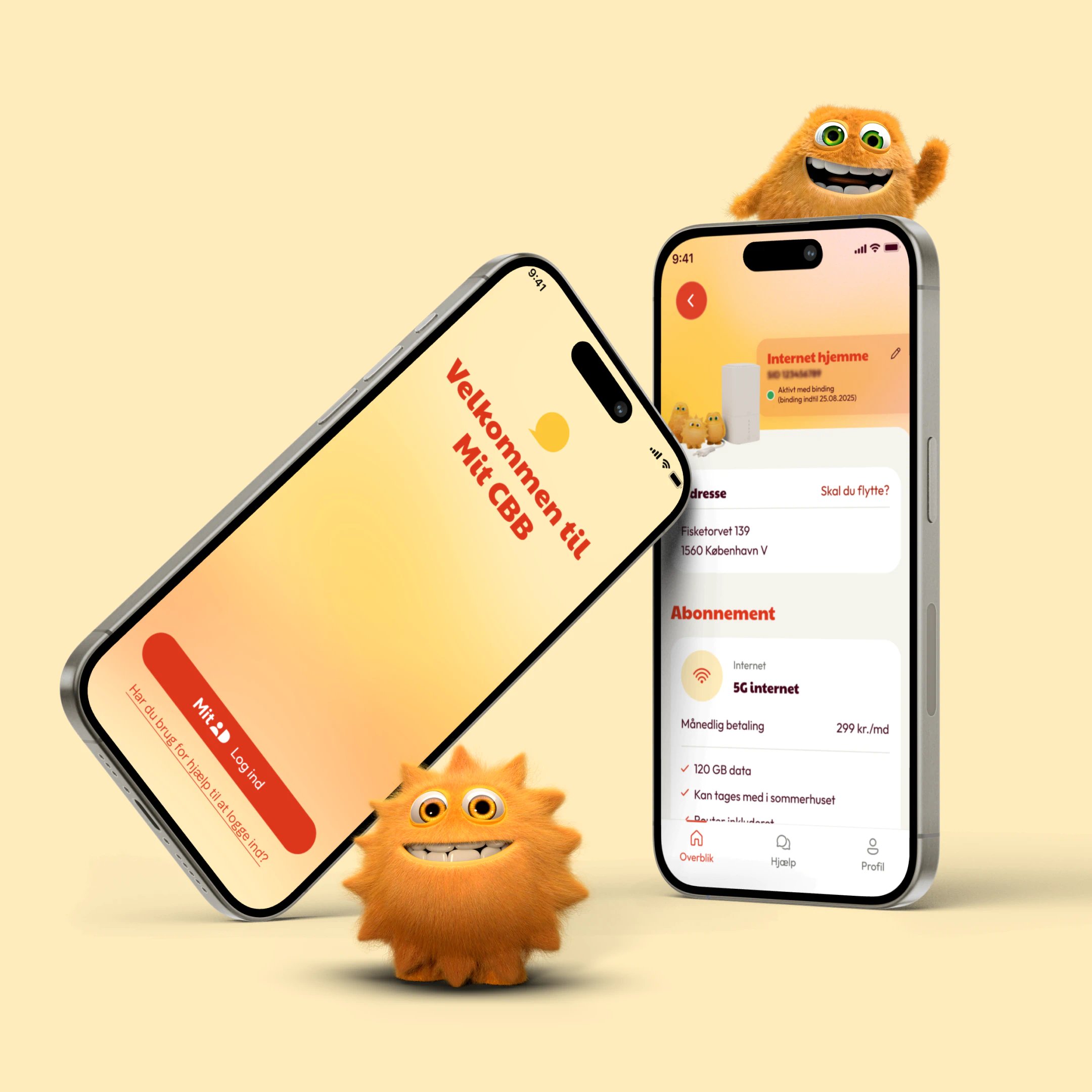 Illustration af Mit CBB-appen på to smartphones med oplysninger om internetabonnement, 5G-internet og mobildata. Tre orange, fantasifulde figurer ses omkring telefonerne på en lys gul baggrund.