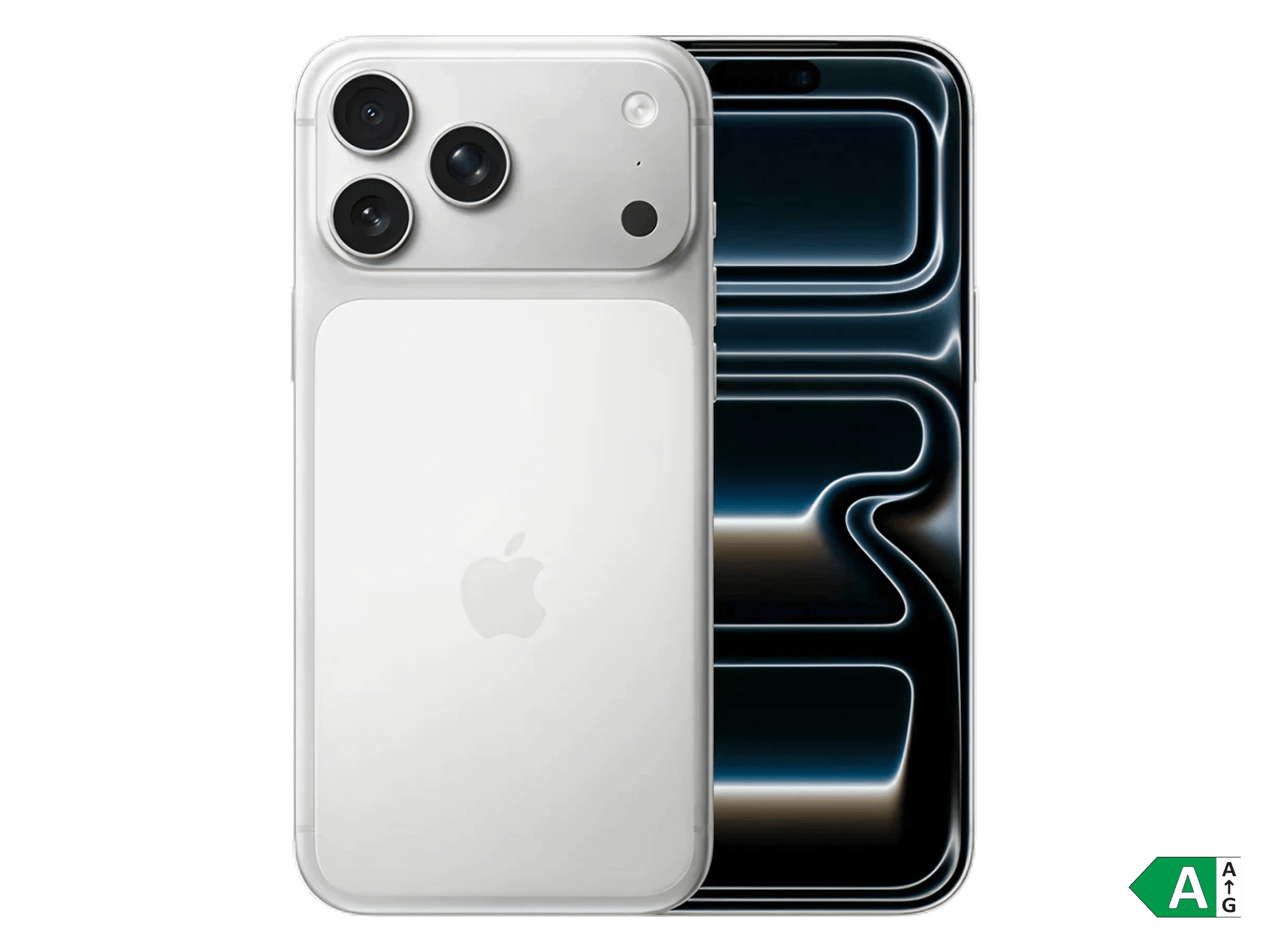 Sølvfarvet iPhone 17 Pro Max set forfra og bagfra mod sort baggrund med lysende skærm.