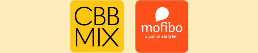 Logoerne for CBB MIX og Mofibo side om side på lys baggrund.
