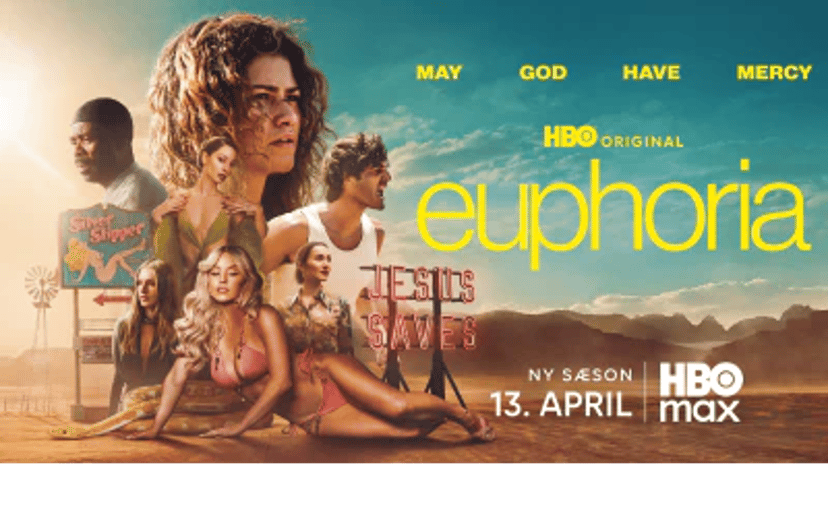 Kampagnebanner for HBO Original-serien Euphoria med castet samlet foran en solnedgang og tekst om ny sæson den 13. april.