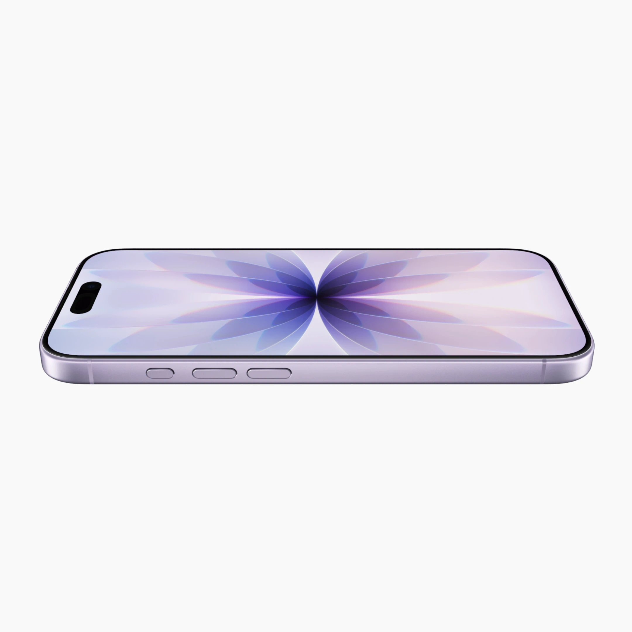 Nærbillede af en iPhone 17 med lilla metalramme og et lyst, blomstret baggrundsmønster på skærmen, vist på en hvid baggrund.
