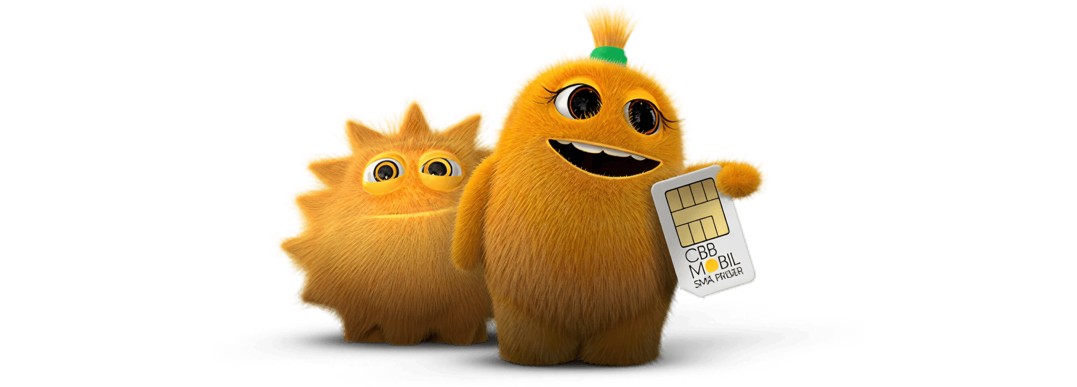 To orange Små Priser-figurer på sort baggrund, den ene holder et CBB Mobil SIM-kort.