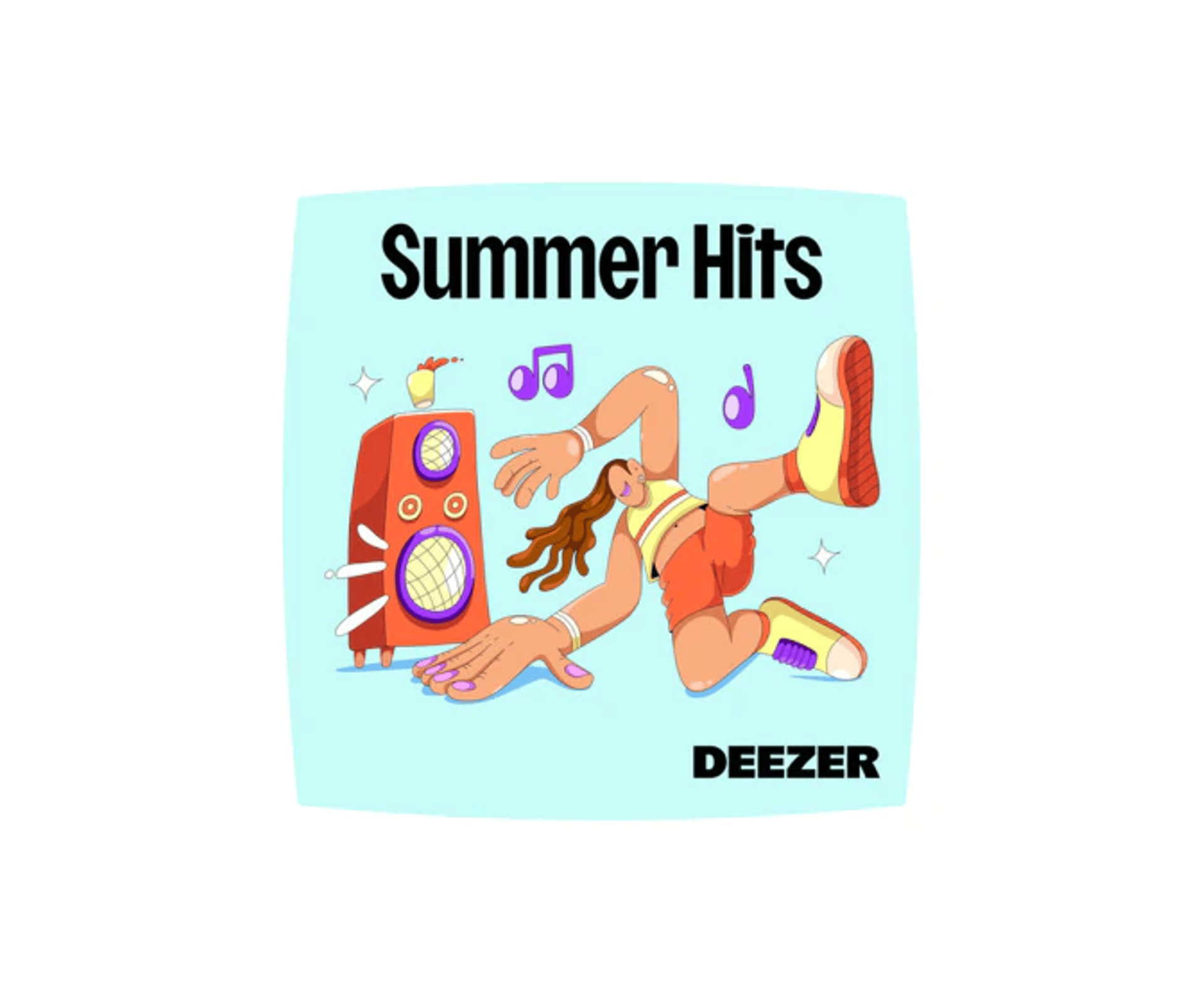 Farverig Deezer-grafik med teksten “Summer Hits”, en dansende figur, en højttaler og Deezer-logoet.
