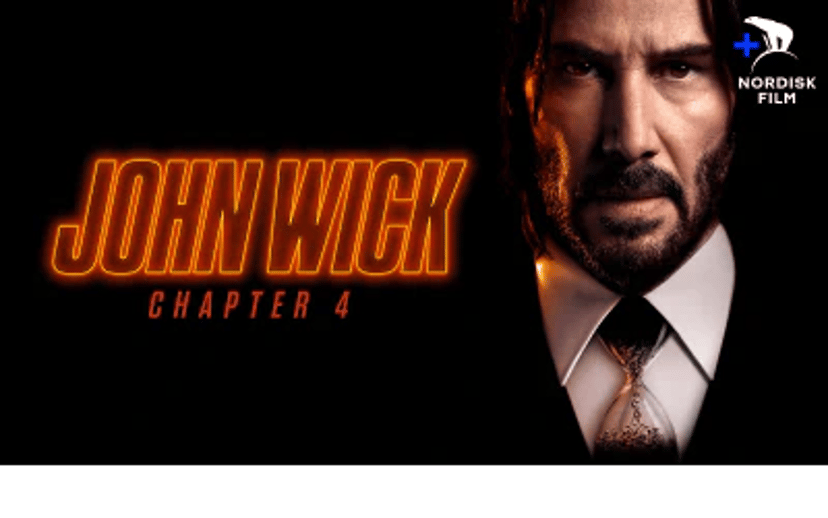 John Wick Kapitel 4-plakat med Keanu Reeves i jakkesæt og Nordisk Film-logo på sort baggrund.