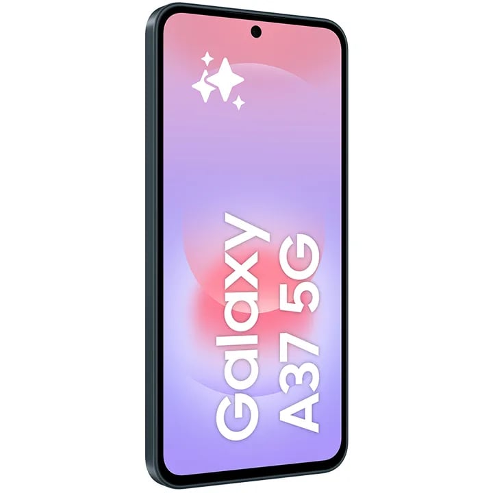 Samsung Galaxy A37 5G mobiltelefon med lilla og rosa skærm på hvid baggrund.