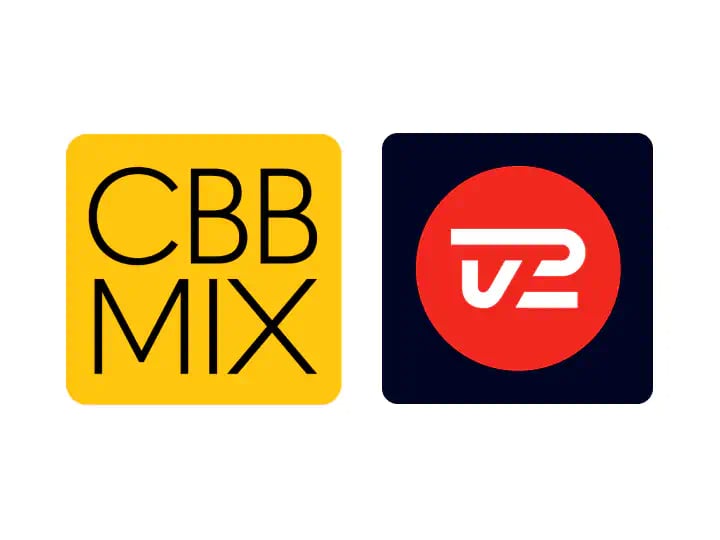 CBB MIX- og TV 2-logoer side om side: CBB MIX i sort på gul baggrund og TV 2 i hvidt i rød cirkel på mørk baggrund.