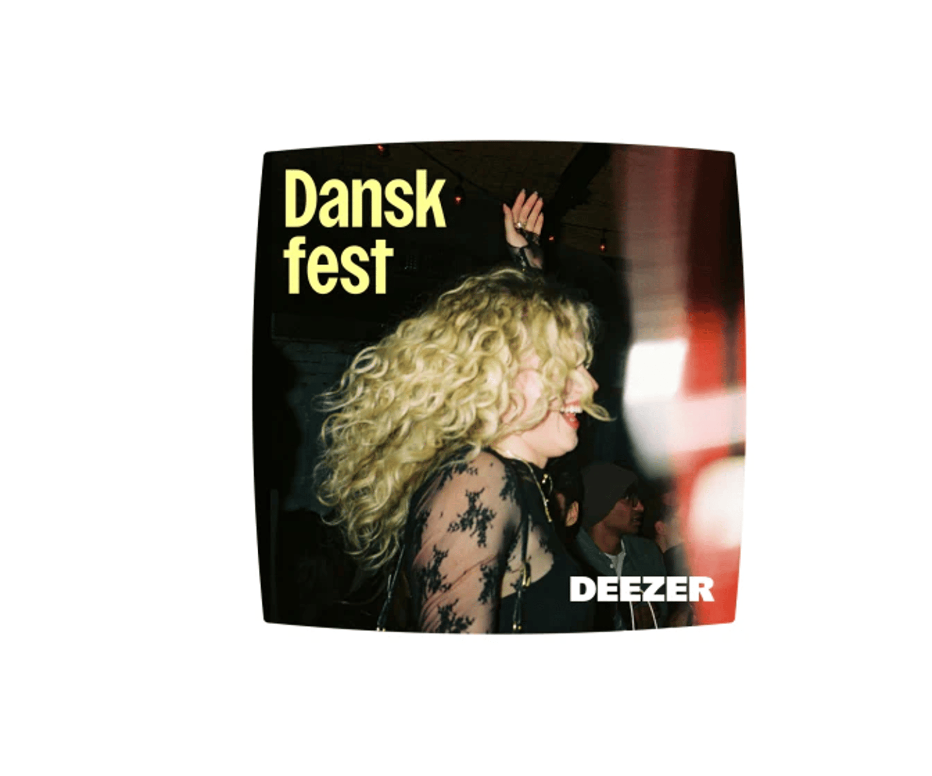 Musikprofil med teksten “Dansk fest” og Deezer-logoet på et festbillede med en dansende person.
