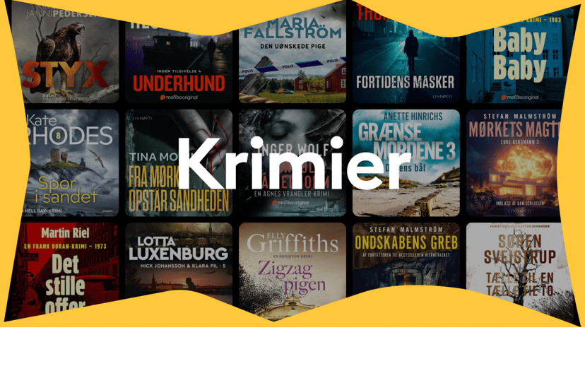 Udvalg af krimier som lydbøger med flere bogforsider og teksten “Krimier” i centrum.