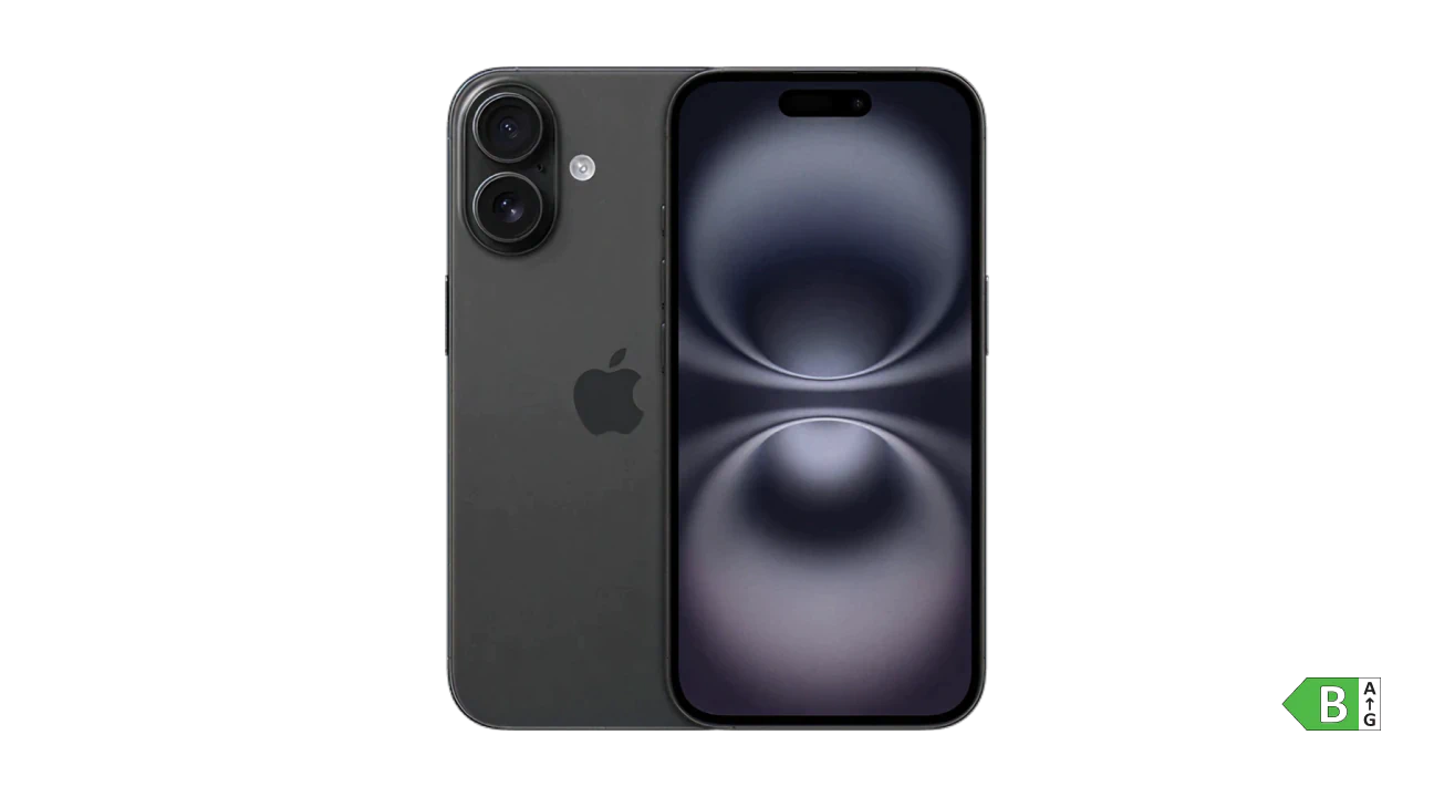Sort iPhone 16 vist forfra og bagfra på sort baggrund med en abstrakt skærmvisning.