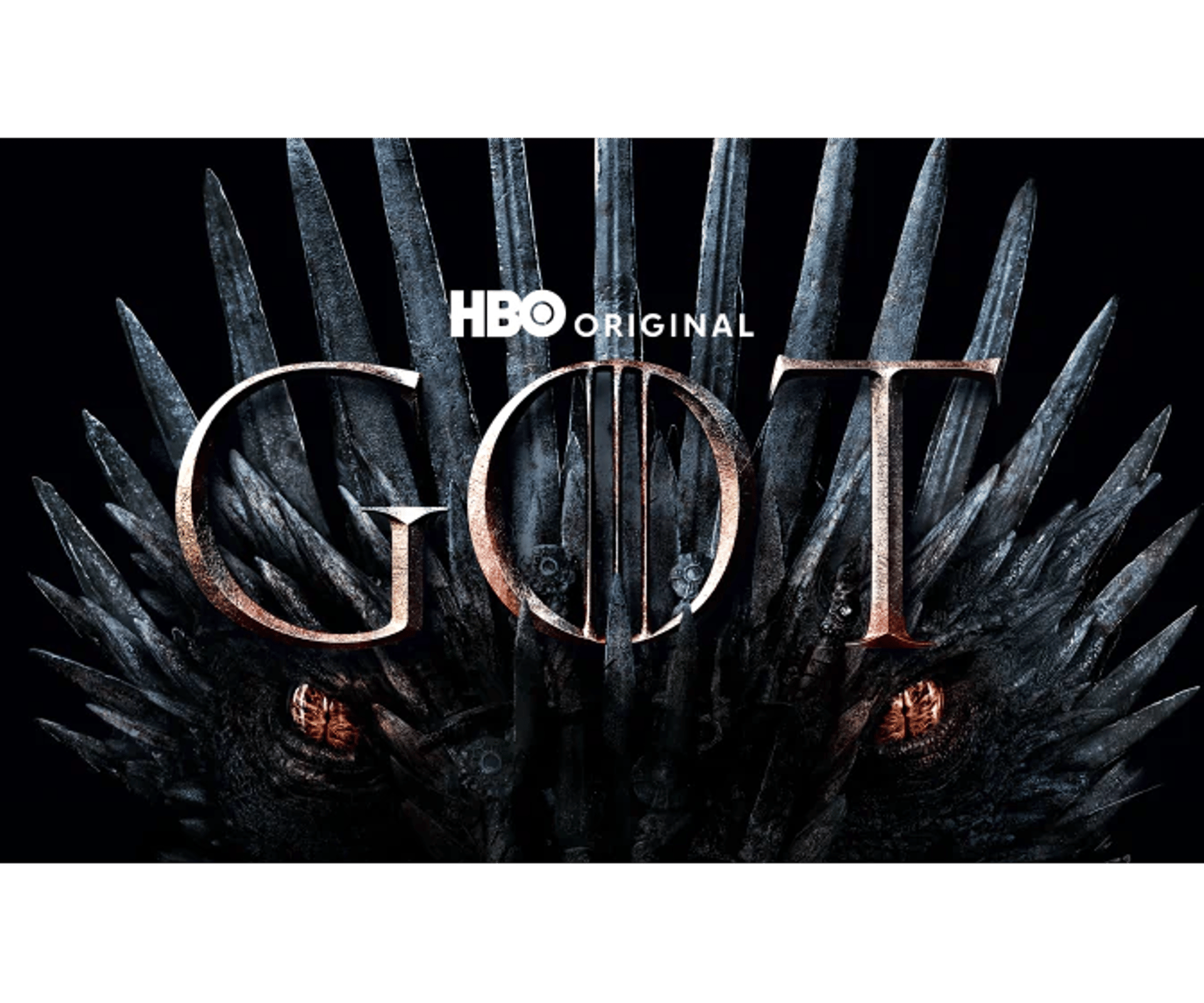 Game of Thrones-plakat med HBO Original-logo og jerntrone med mørke, spidse sværd i baggrunden.