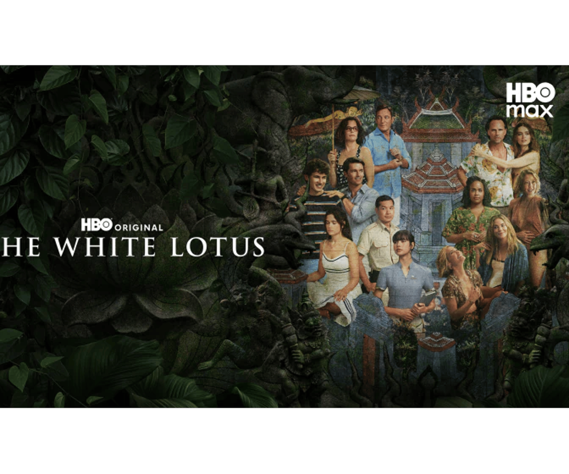 Mørkegrønt kampagnebanner for HBO Original The White Lotus med serienavn, HBO Max-logo og rollebesætningen foran et tropisk mønster.
