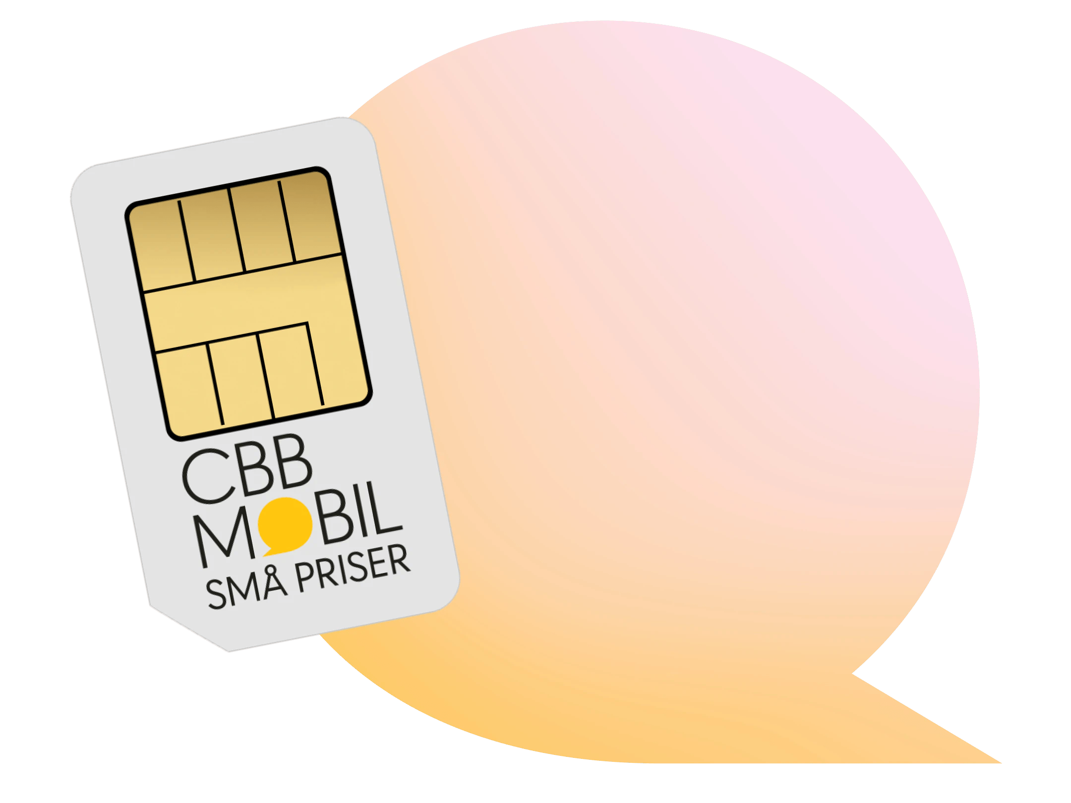 Grafisk illustration af et SIM-kort foran en stor lyserød og gul taleboble med CBB Mobil Små Priser-logo.