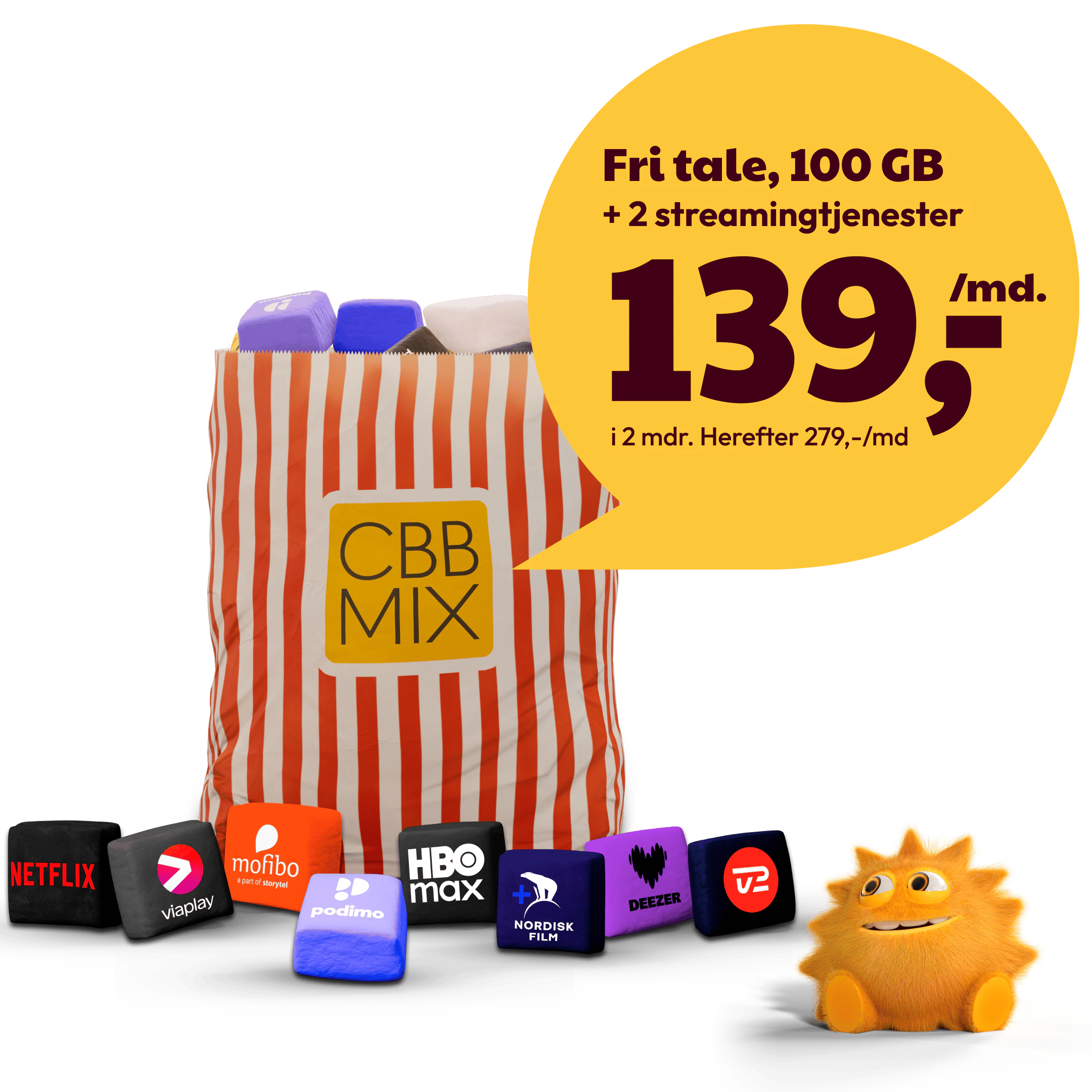 Grafik med en CBB Mix-slikpose og farverige streamingtjenester. En gul taleboble fremhæver fri tale, 100 GB og to streamingtjenester til 139 kr. om måneden i de første to måneder, derefter 279 kr. om måneden.