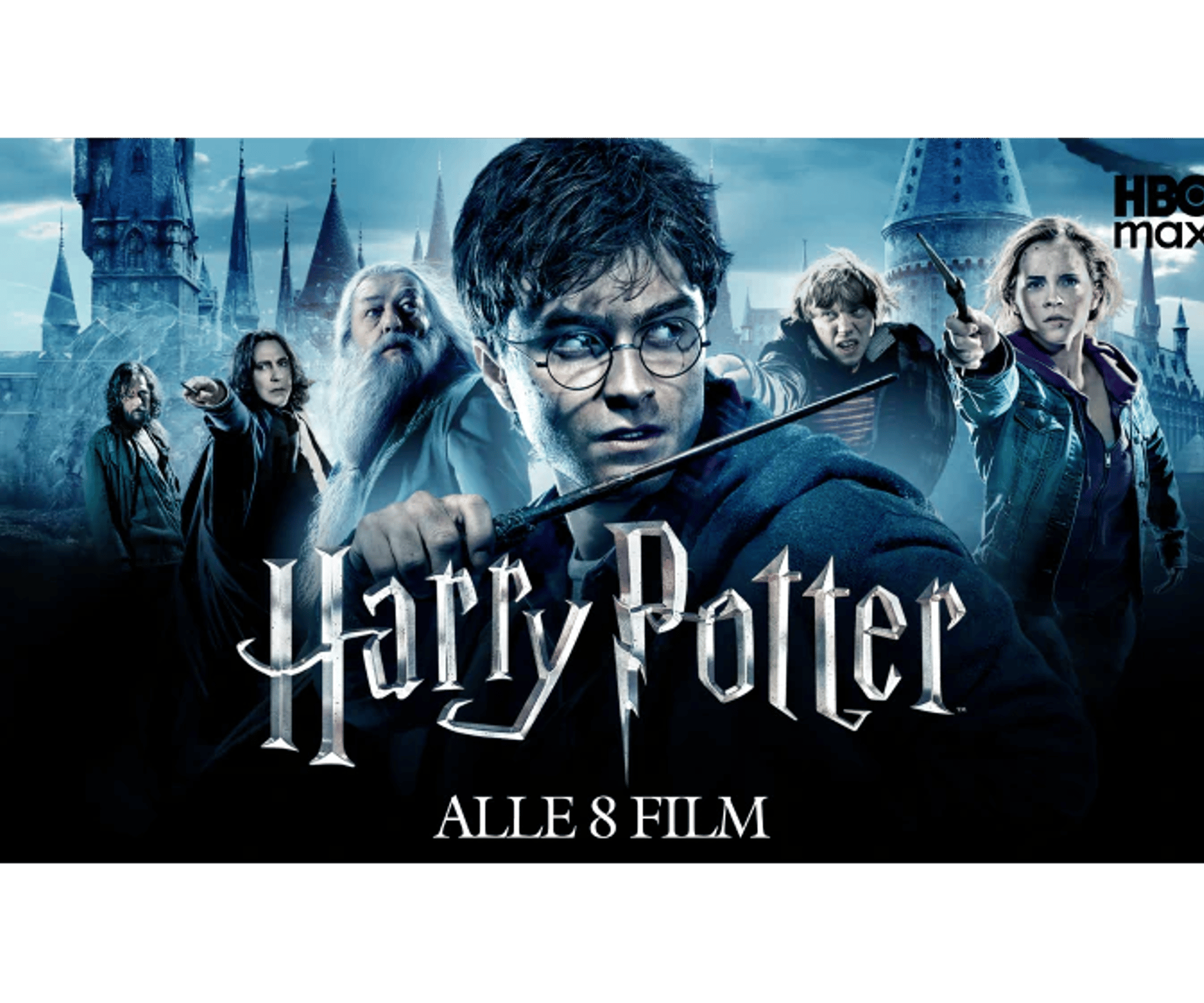 Harry Potter-filmplakat med Harry i centrum, omgivet af flere kendte karakterer og teksten “Alle 8 film” samt HBO Max-logo.