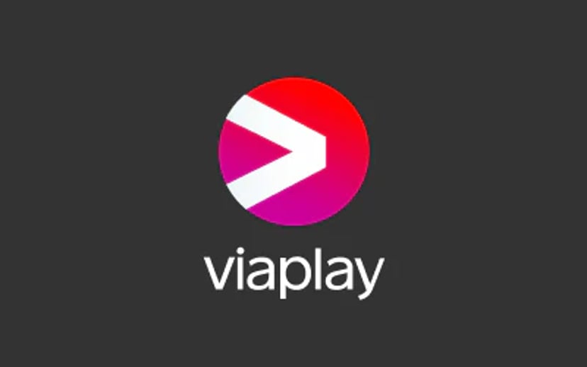 Viaplay-logo med pink og rød cirkel samt hvid pil på mørkegrå baggrund.