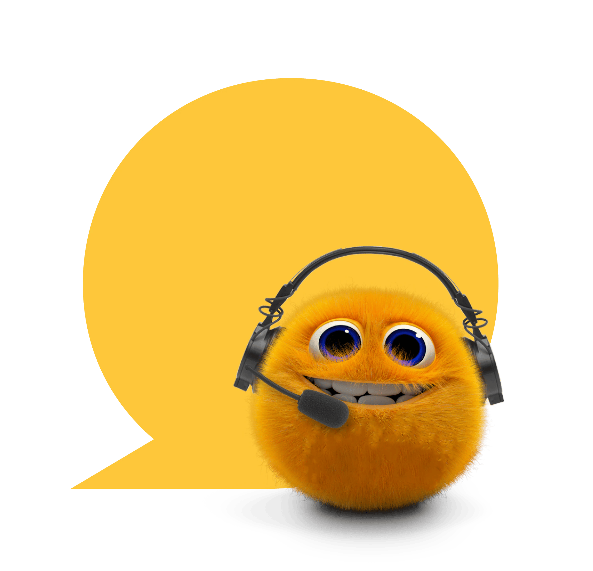 Orange Små Pris med headset foran stor gul taleboble på sort baggrund.