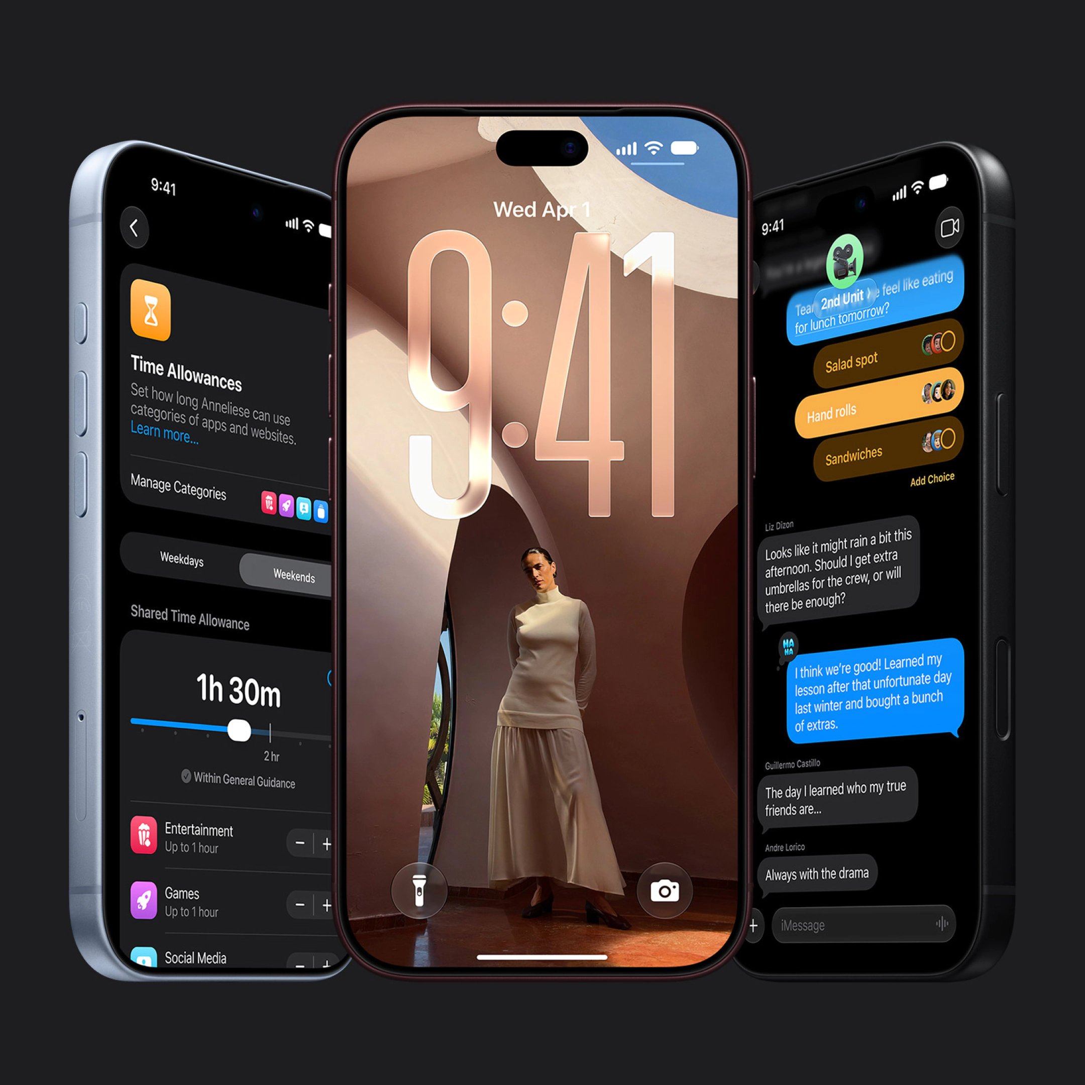 Tre iPhone 18 Pro-mobiler viser kamera, skærm, skærmtid og beskeder i forskellige funktioner.