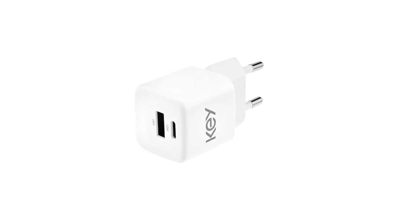 Hvid KEY Power Wall 20W GaN USB-AC oplader med USB-A- og USB-C-port samt EU-stik.