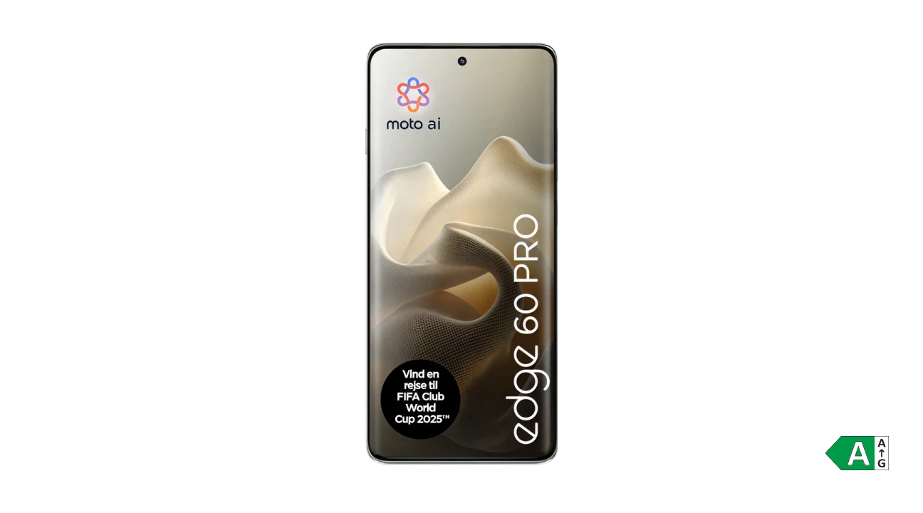 Motorola Edge 60 Pro-smartphone med Moto AI-logo og tekst om FIFA Club World Cup 2025 på skærmen.