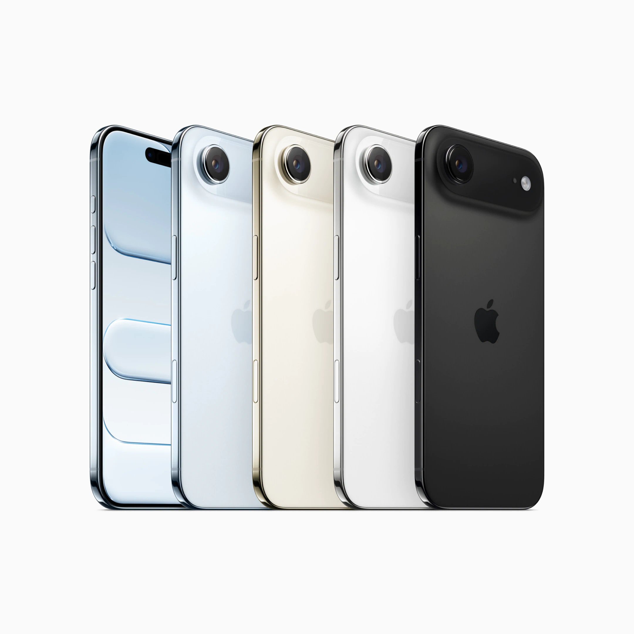Fem iPhone Air-mobiler i forskellige farver vist bagfra og fra siden på en lys baggrund.