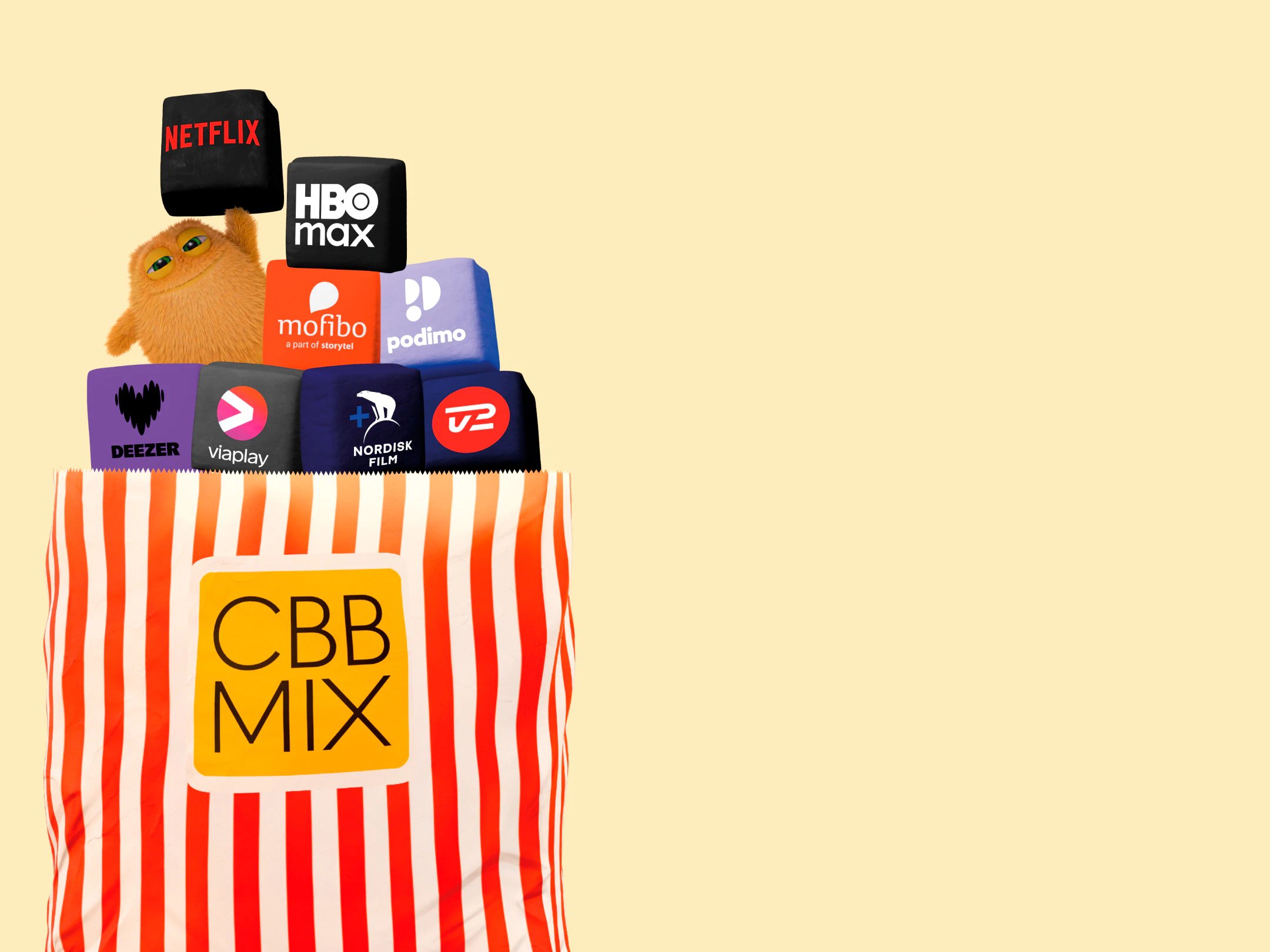 CBB Mix-pose med orange Lille Pris og ikoner for Netflix, HBO Max, Mofibo, Podimo, Deezer, Viaplay, Nordisk Film og TV 2.