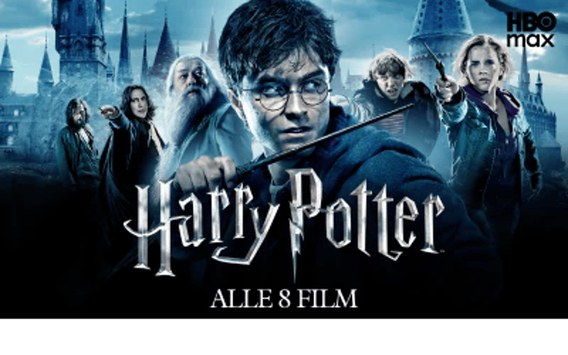 Harry Potter-plakat med Harry, Ron, Hermione og Dumbledore foran Hogwarts samt teksten Alle 8 film og HBO Max-logoet.