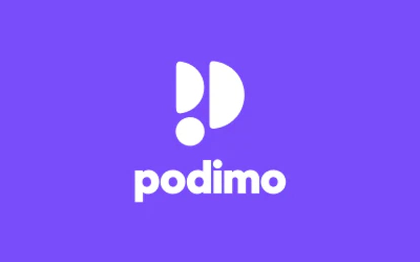 Podimo-logo i hvid på lilla baggrund.