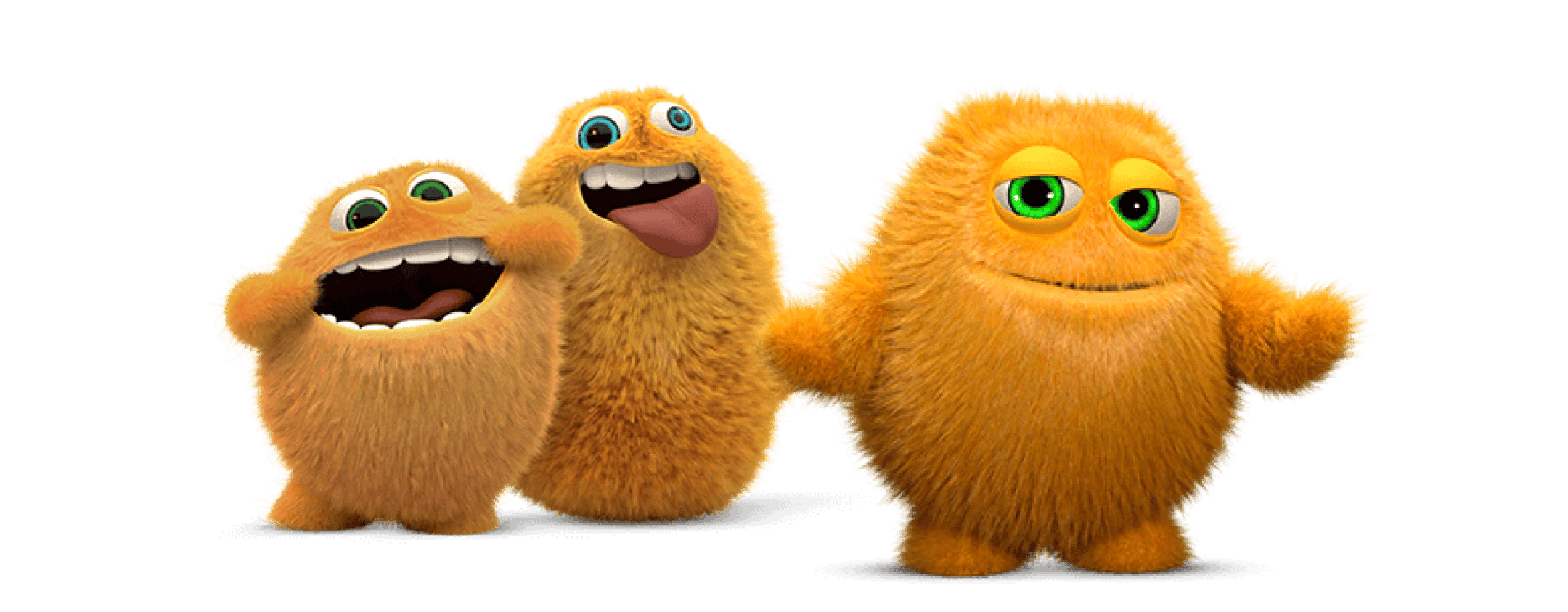 Tre orange Små Priser-figurer på sort baggrund, hvoraf den ene står forrest med udstrakte arme og et smil.