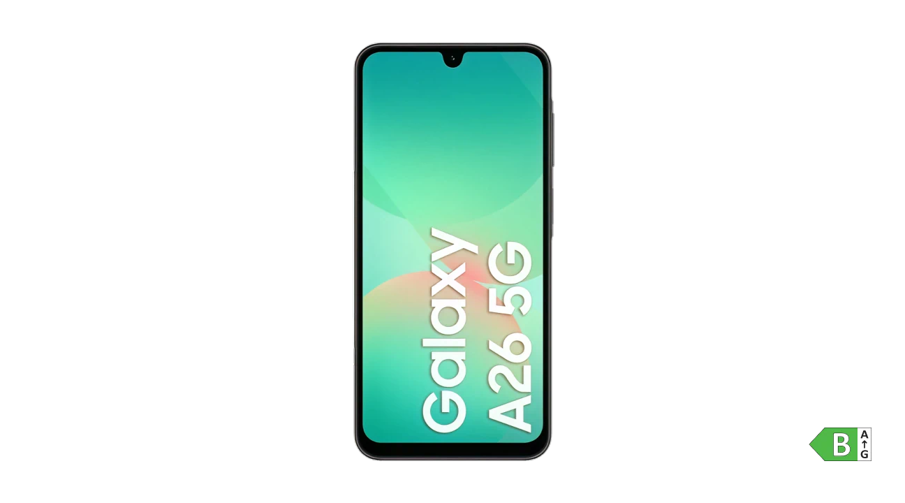 Samsung Galaxy A26 5G-smartphone med grøn skærm og sort kant på sort baggrund.