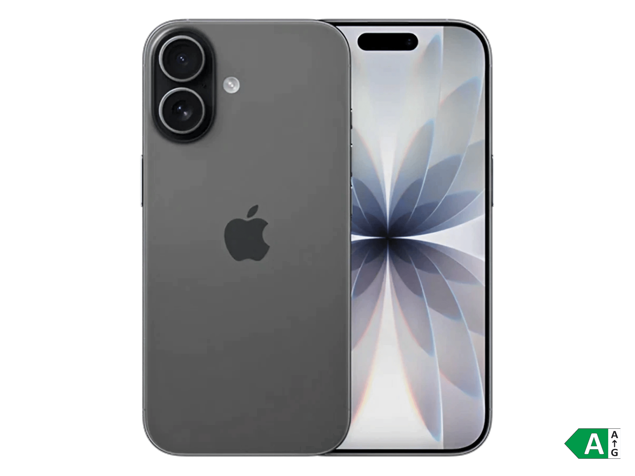 Gråt iPhone 17 mobil med dobbelkamera på bagsiden og lys skærm med abstrakt blomsterlignende baggrund.