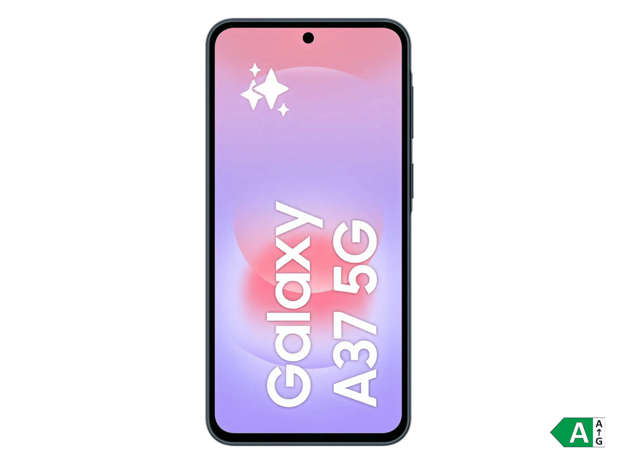 Samsung Galaxy A37 mobil med lilla og rosa skærm, stjerneikon og 5G-tekst på sort baggrund.