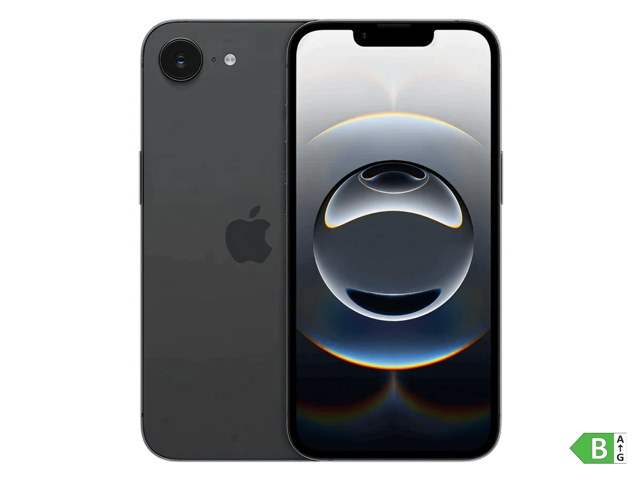 Sort Apple iPhone 16e set forfra og bagfra med skærm med abstrakt baggrund.