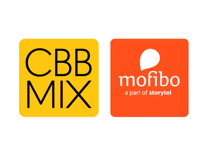 To firkantede logoer: CBB MIX i sort på gul baggrund og Mofibo i hvid på orange baggrund med tagline.