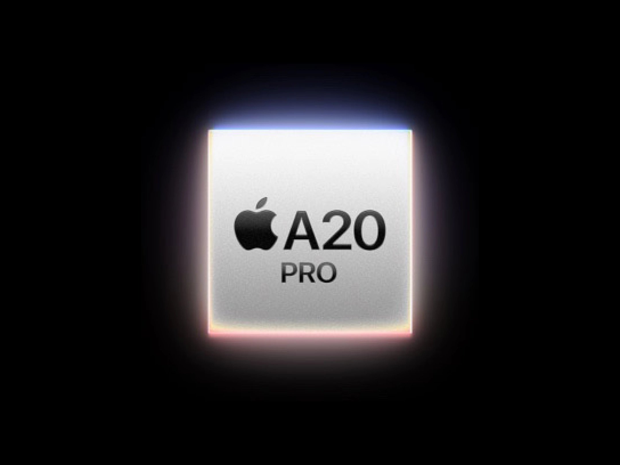 Apple-logo og teksten A20 Pro på en lys, glødende baggrund.