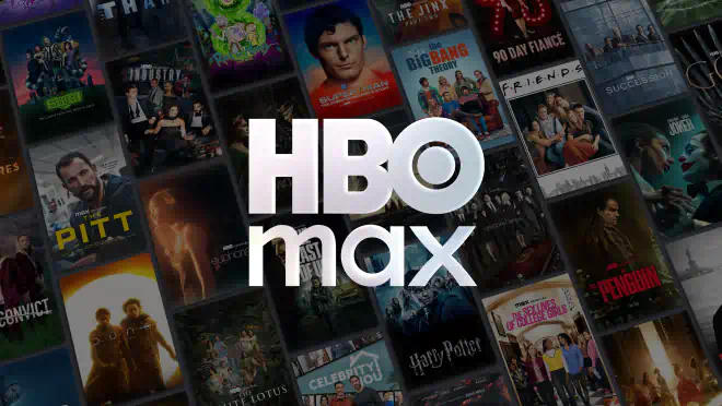 HBO Max-logo foran et udvalg af populære tv-serier og film.
