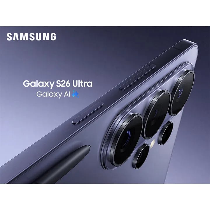 Samsung Galaxy S26 Ultra vist i lilla nuance med stor kameramodul og Galaxy AI-tekst.
