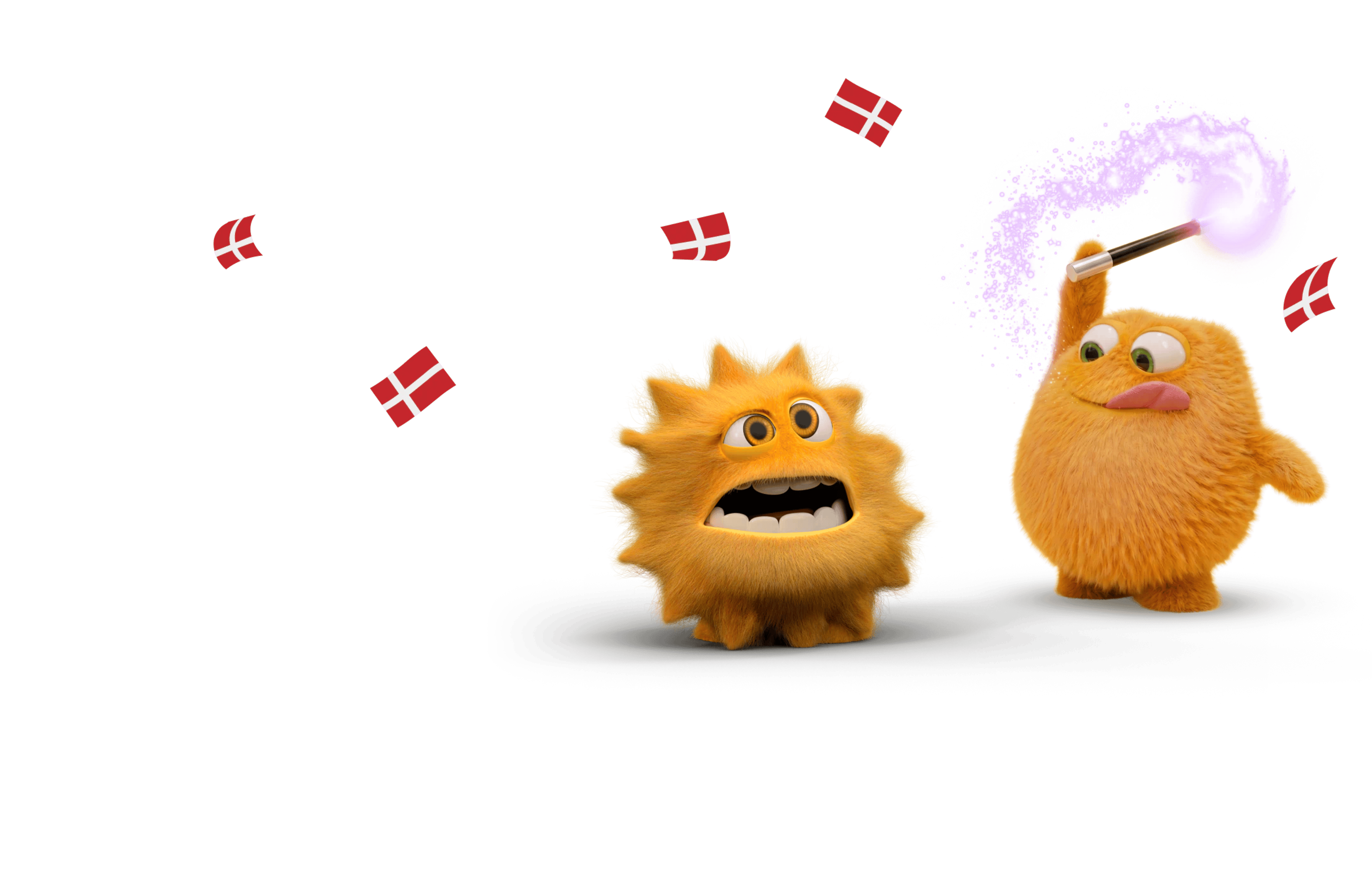 To orange, lodne figurer står på en mørk baggrund. Den ene smiler, mens den anden holder en pensel foran en lilla, glitrende effekt. Små danske flag svæver omkring figurerne.