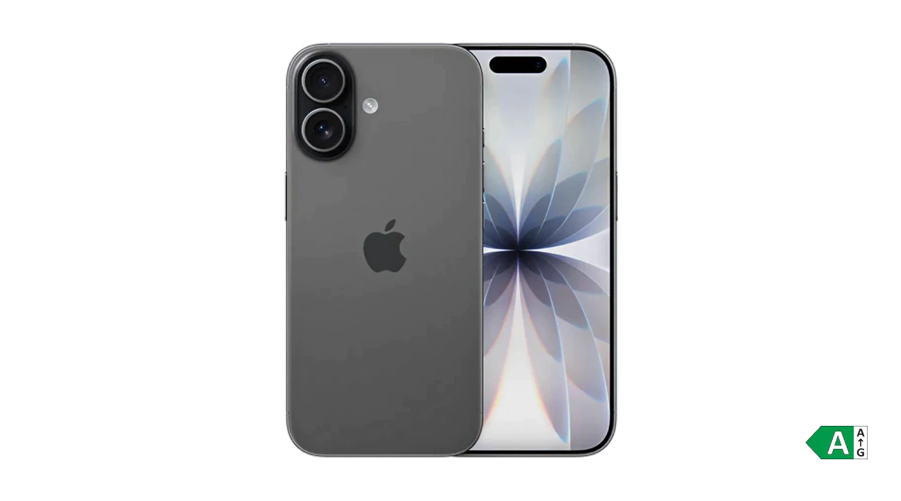 Grå iPhone 17 set forfra og bagfra på sort baggrund.