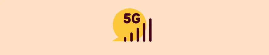 5G-ikon med tallet 5G og stigende signalbjælker på lys baggrund.