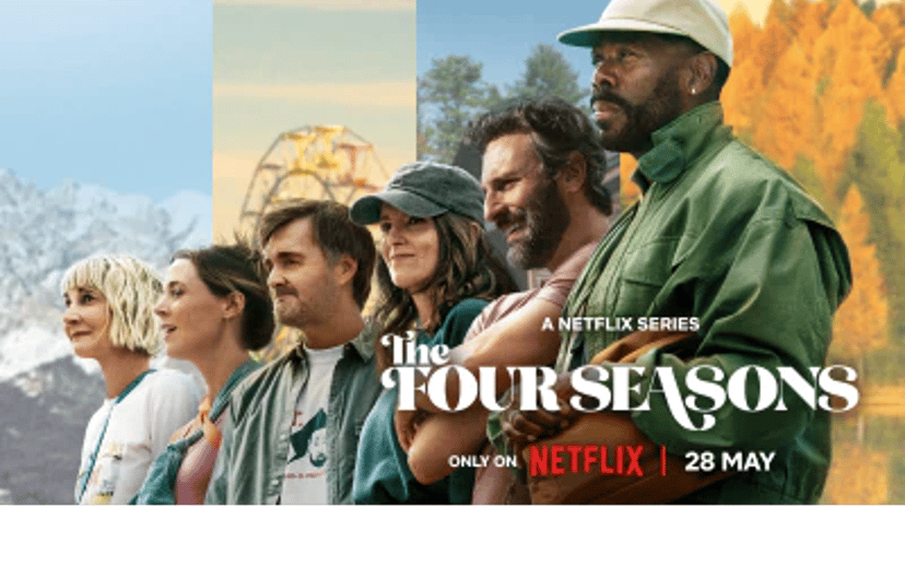 Promoposter for Netflix-serien The Four Seasons med fem personer foran forskellige sæsonbaggrunde og premieredatoen 28. maj.